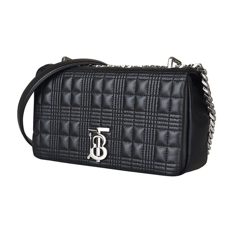 Burberry LOLA TB銀字LOGO格紋衍縫設計真皮皮釦式鏈帶肩背/斜背包（中/黑）23cm-2