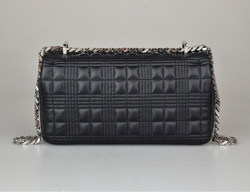 Burberry LOLA TB銀字LOGO格紋衍縫設計真皮皮釦式鏈帶肩背/斜背包（中/黑）23cm-4
