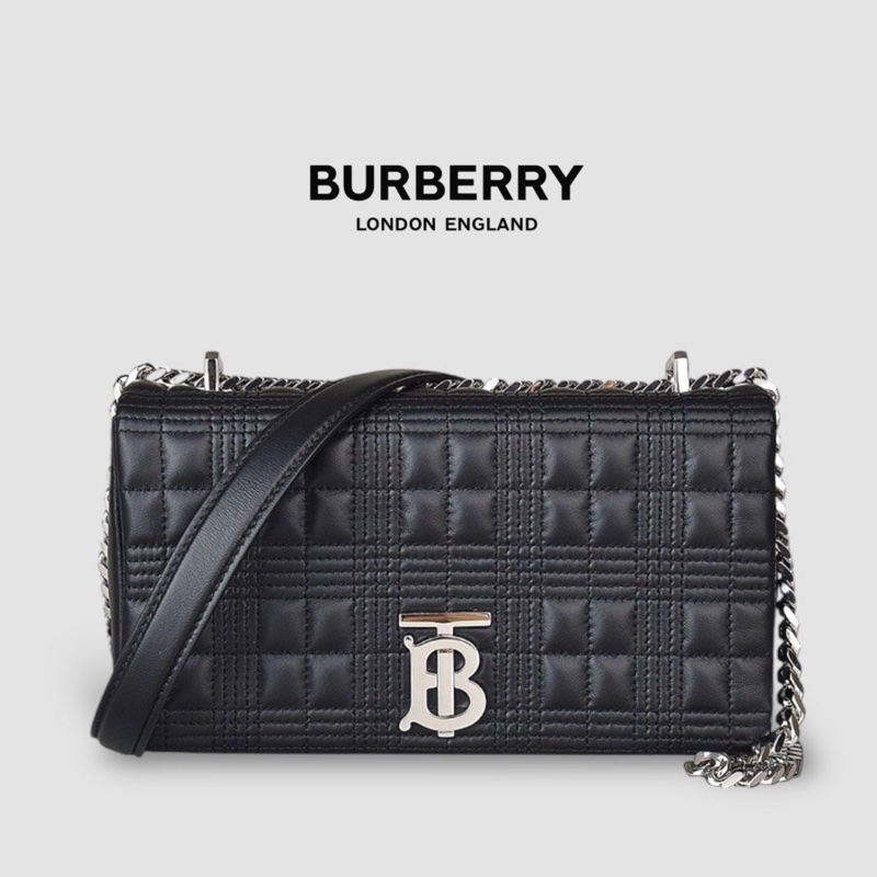 Burberry LOLA TB銀字LOGO格紋衍縫設計真皮皮釦式鏈帶肩背/斜背包（中/黑）23cm-5