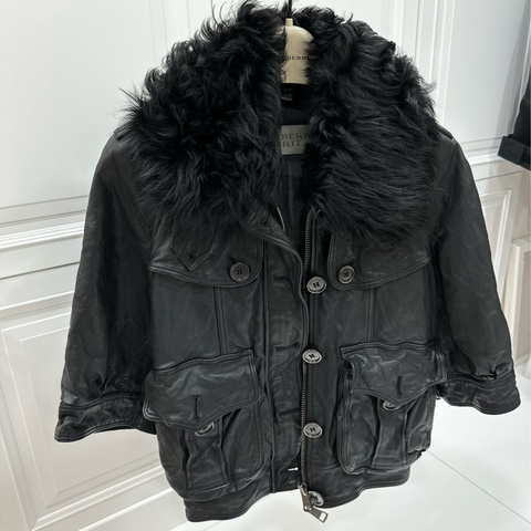 BURBERRY 黑色 七分袖 毛領 羊皮 牛皮 真皮 外套 皮外套 夾克