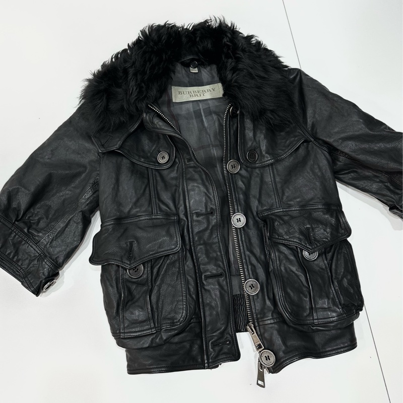 BURBERRY 黑色 七分袖 毛領 羊皮 牛皮 真皮 外套 皮外套 夾克-4