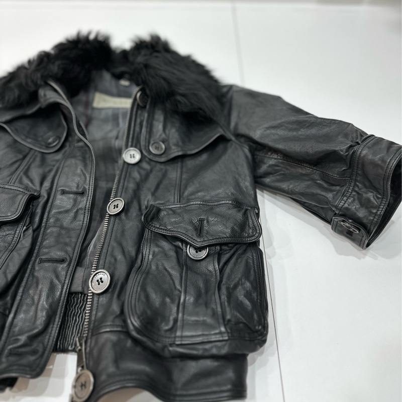 BURBERRY 黑色 七分袖 毛領 羊皮 牛皮 真皮 外套 皮外套 夾克-6