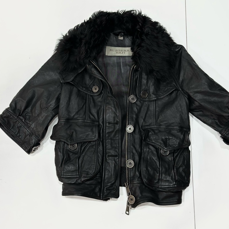 BURBERRY 黑色 七分袖 毛領 羊皮 牛皮 真皮 外套 皮外套 夾克-7