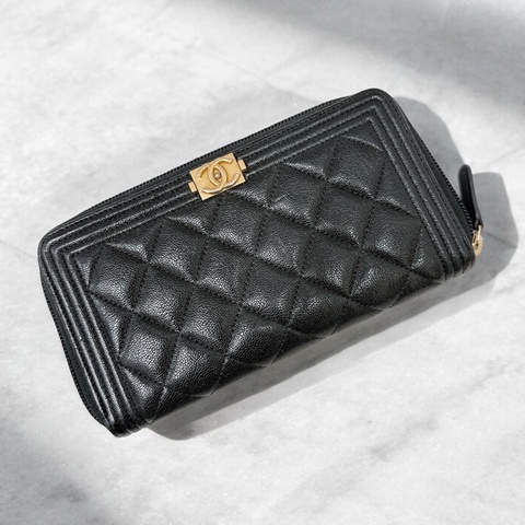 莉亞精品♡Chanel A80288 BOY拉鍊金釦荔枝長夾 二手