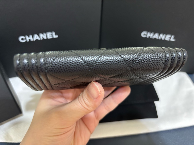 Chanel boy 荔枝牛皮黑銀短夾零錢包-8