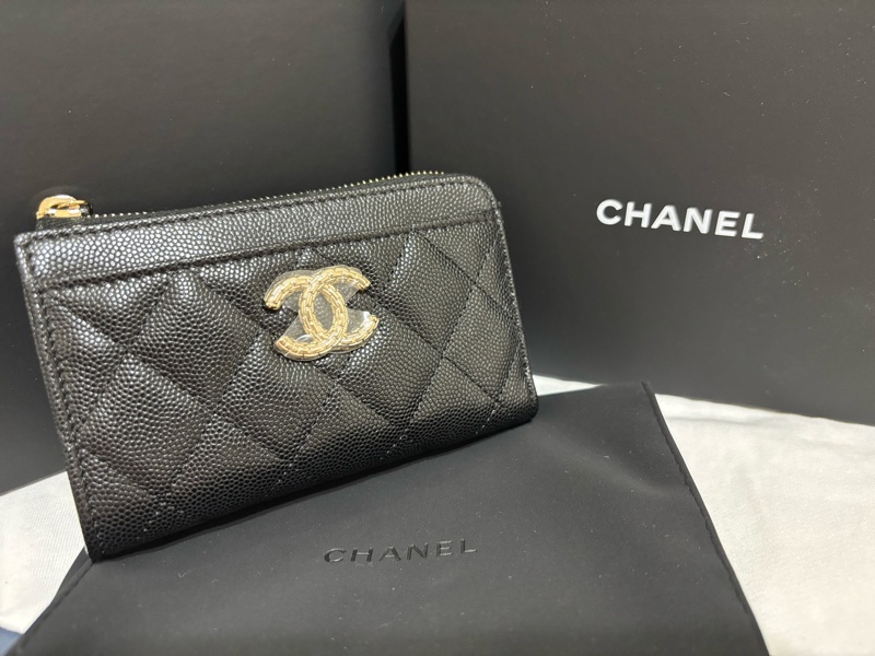 Chanel 全新荔枝牛皮黑色限定款拉鏈零錢包-0