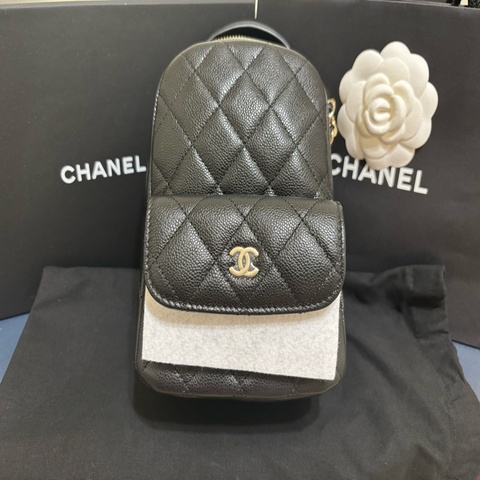 Chanel 香奈兒 荔枝黑色淡金牛皮百變小書包