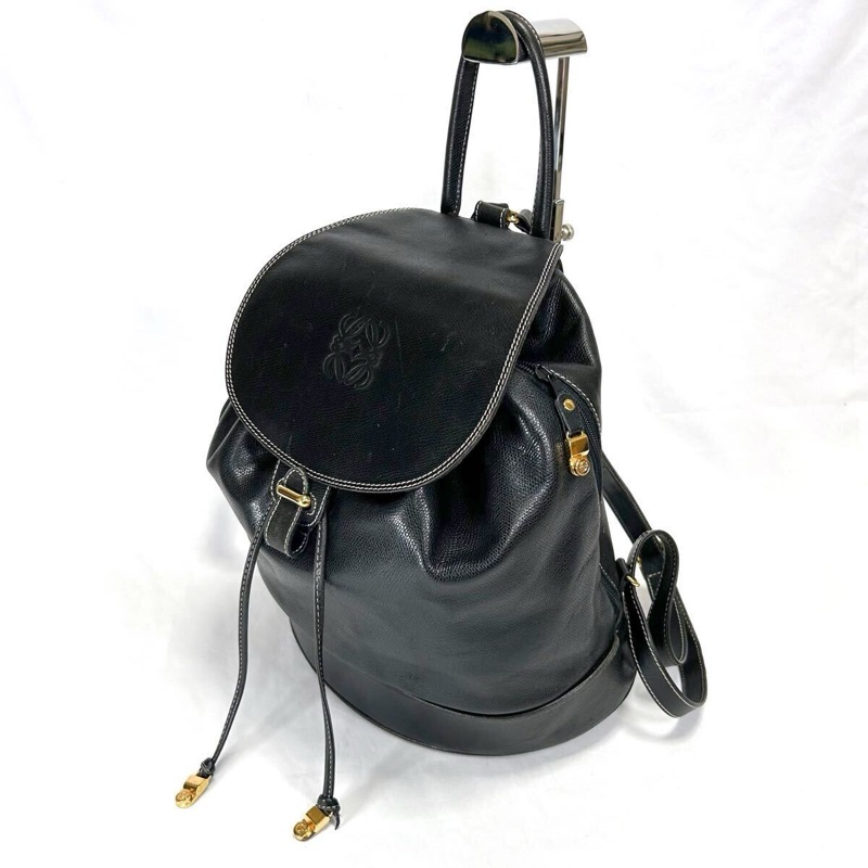 【LA LUNE】絕版古董包 Loewe 黑色白線後背包 雙肩包 皮革包 中古復古二手包-7