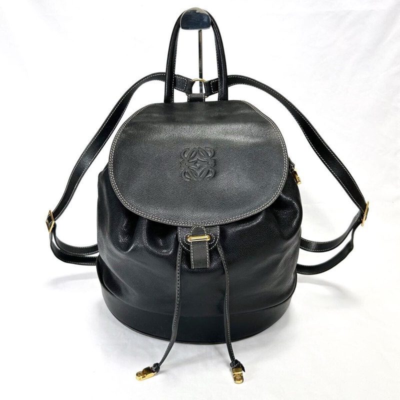 【LA LUNE】絕版古董包 Loewe 黑色白線後背包 雙肩包 皮革包 中古復古二手包-8