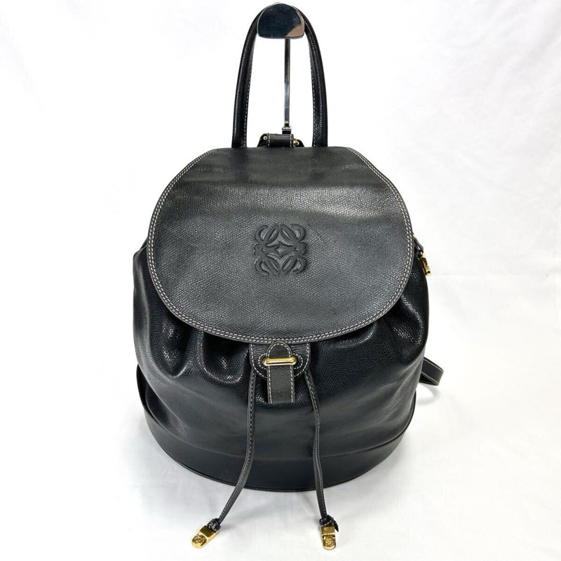 【LA LUNE】絕版古董包 Loewe 黑色白線後背包 雙肩包 皮革包 中古復古二手包-9