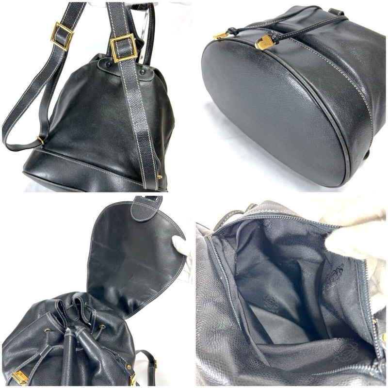 【LA LUNE】絕版古董包 Loewe 黑色白線後背包 雙肩包 皮革包 中古復古二手包-10