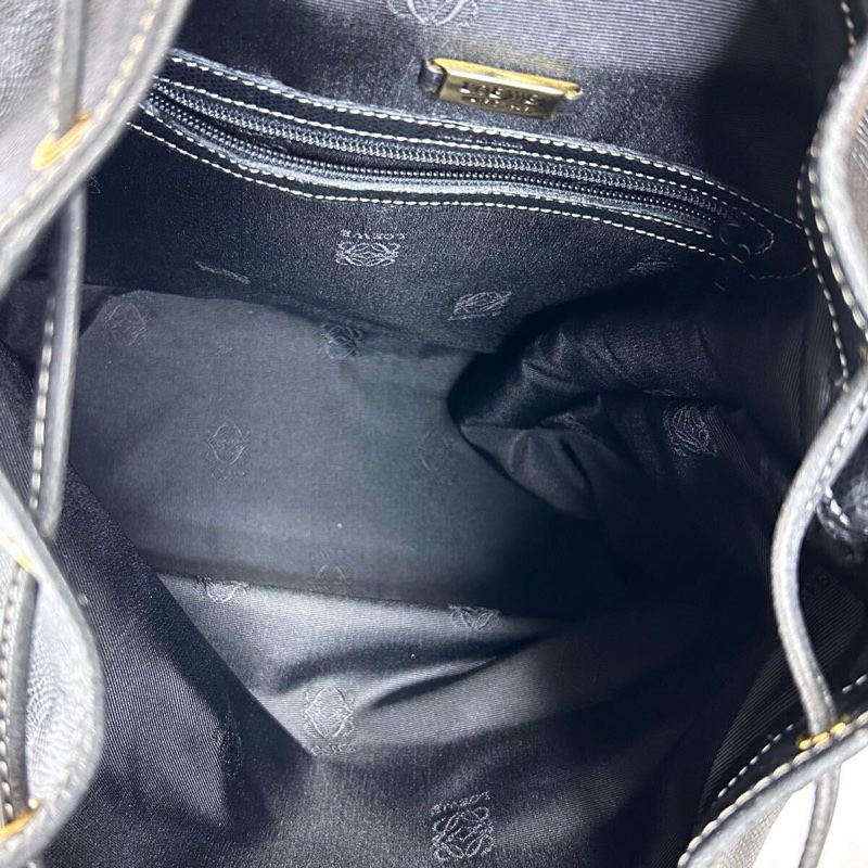 【LA LUNE】絕版古董包 Loewe 黑色白線後背包 雙肩包 皮革包 中古復古二手包-13