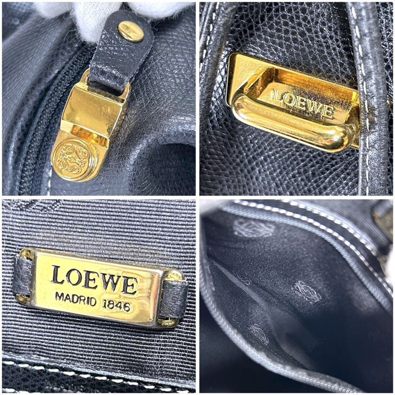 【LA LUNE】絕版古董包 Loewe 黑色白線後背包 雙肩包 皮革包 中古復古二手包-15
