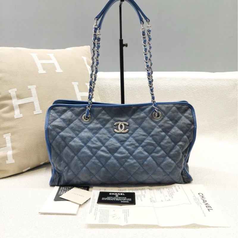 Chanel • 藍銀荔枝牛皮鏈條包 托特包 附小票-0