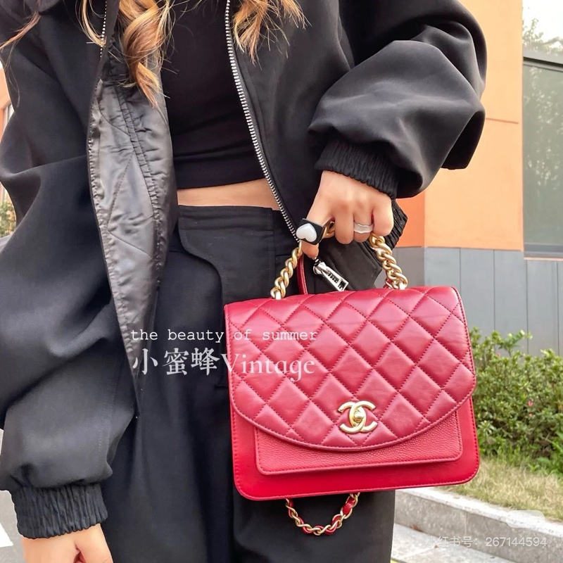 Chanel • 孟買系列 紅金油蠟牛皮拼荔枝牛皮包 膠膜未撕-2