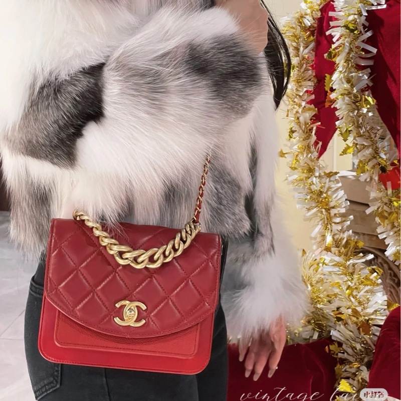 Chanel • 孟買系列 紅金油蠟牛皮拼荔枝牛皮包 膠膜未撕-3