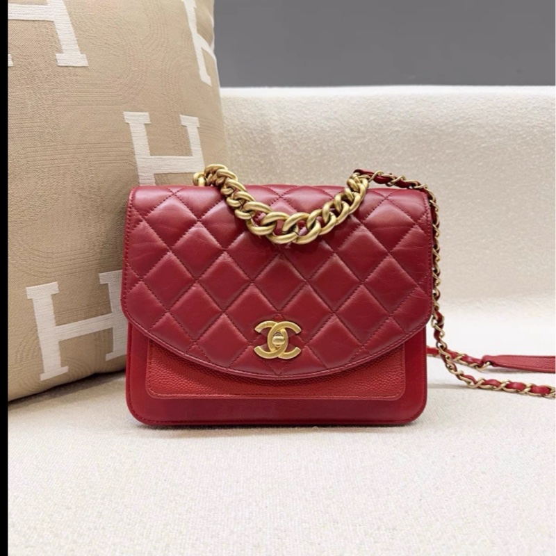 Chanel • 孟買系列 紅金油蠟牛皮拼荔枝牛皮包 膠膜未撕-4