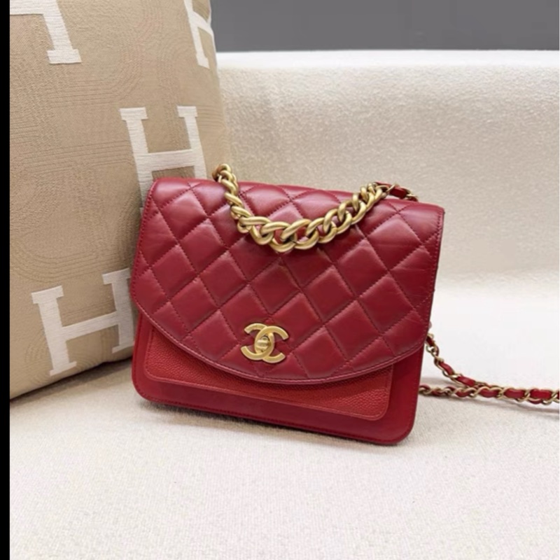 Chanel • 孟買系列 紅金油蠟牛皮拼荔枝牛皮包 膠膜未撕-7