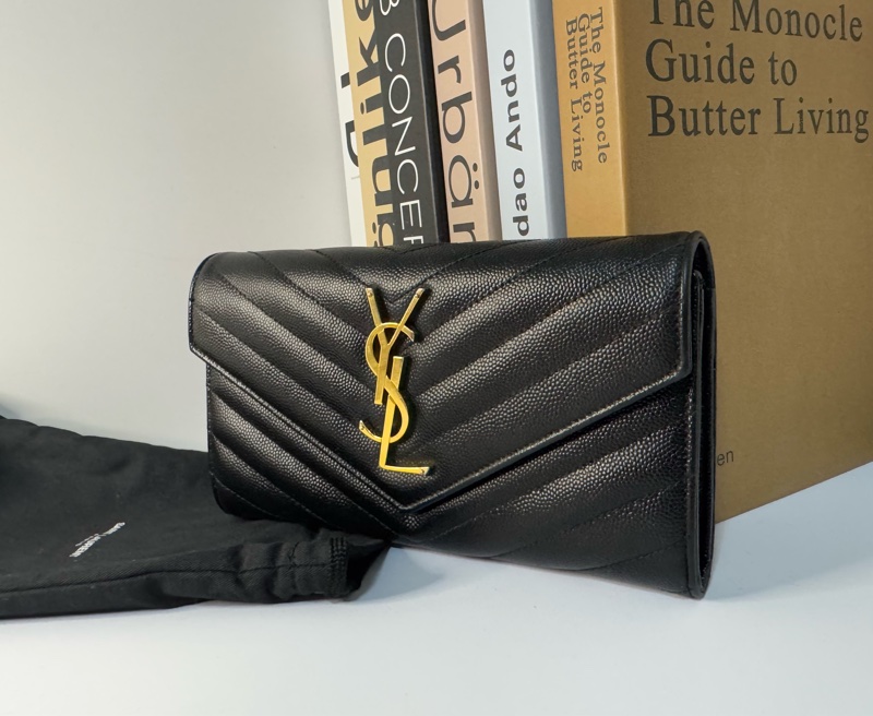 YSL 荔枝牛皮扣式長夾 黑金 經典山型紋 物況漂亮-1