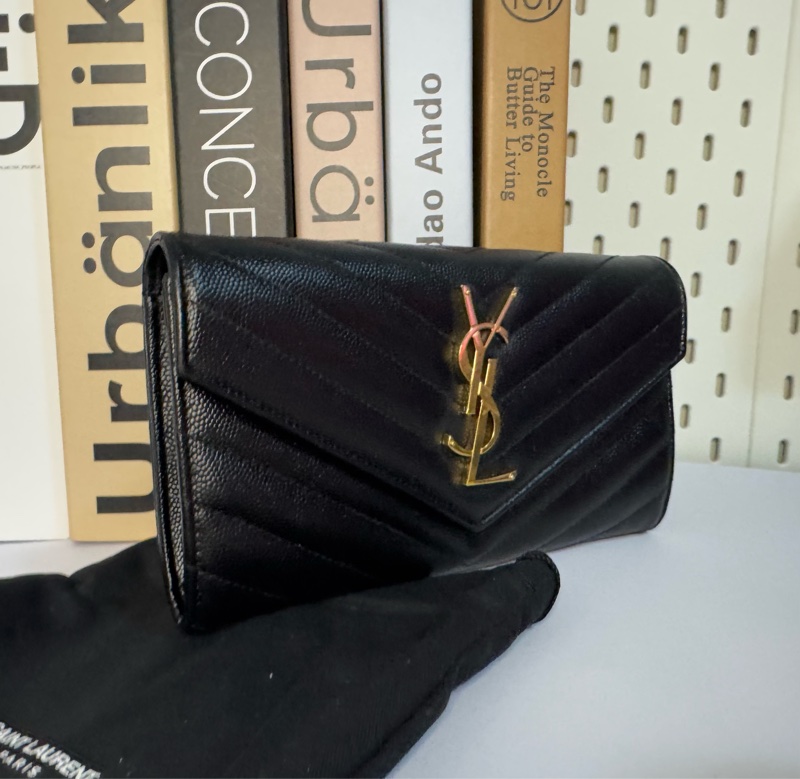 YSL 荔枝牛皮扣式長夾 黑金 經典山型紋 物況漂亮-2