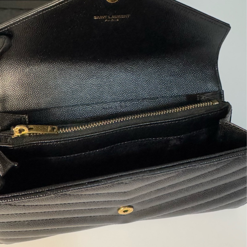 YSL 荔枝牛皮扣式長夾 黑金 經典山型紋 物況漂亮-5