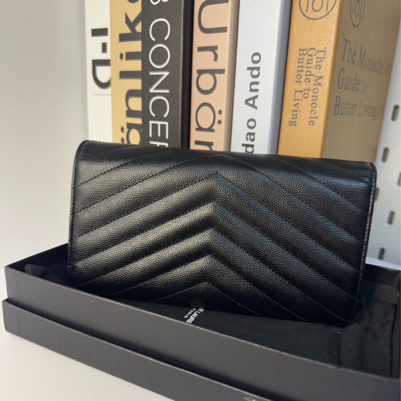 YSL 荔枝牛皮扣式長夾 黑金 經典山型紋 物況漂亮-6