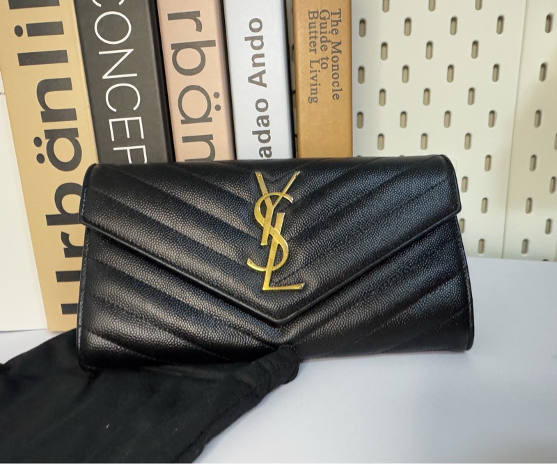 YSL 荔枝牛皮扣式長夾 黑金 經典山型紋 物況漂亮-7