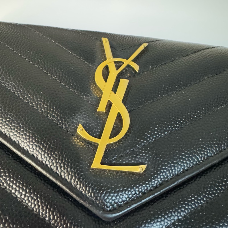 YSL 荔枝牛皮扣式長夾 黑金 經典山型紋 物況漂亮-22
