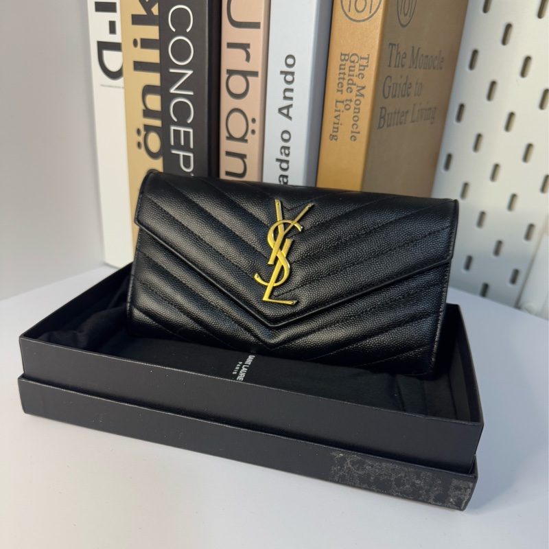 YSL 荔枝牛皮扣式長夾 黑金 經典山型紋 物況漂亮-29
