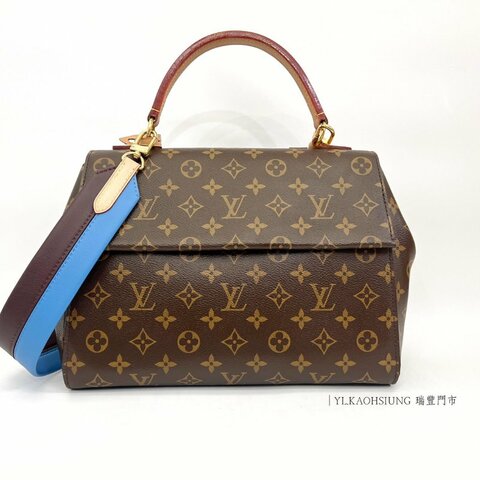 ❣LV 原花Cluny MM金釦咖拼藍皮背帶下蓋手提肩背包