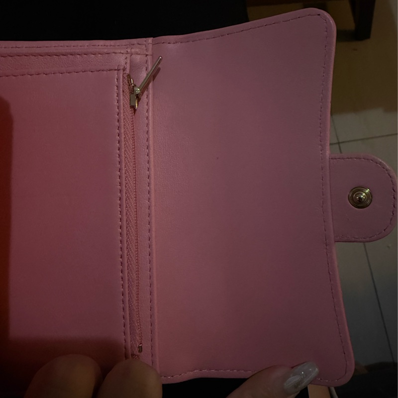 chanel粉紅羊皮菱格淡金釦5卡三折中夾AP0232-4