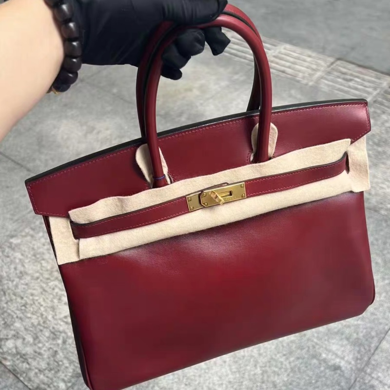 愛馬仕Hermes Birkin35 波爾多酒紅 Box皮 金扣 框i 好品相 有鎖具 羊毛氈-10