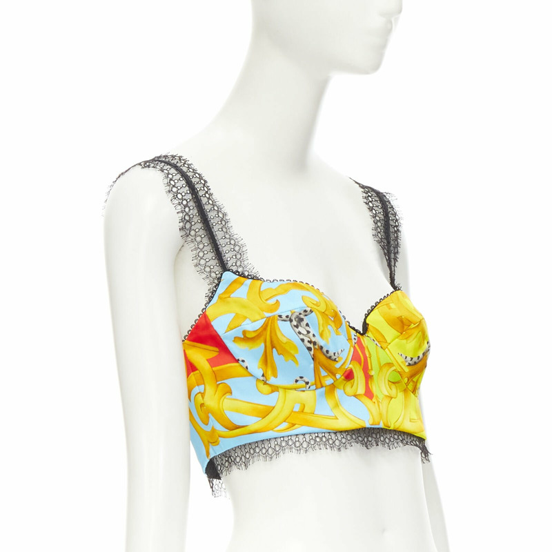 VERSACE Barocco Acanthus Pop print lace trim boned bustier bra top IT38 XS-0
