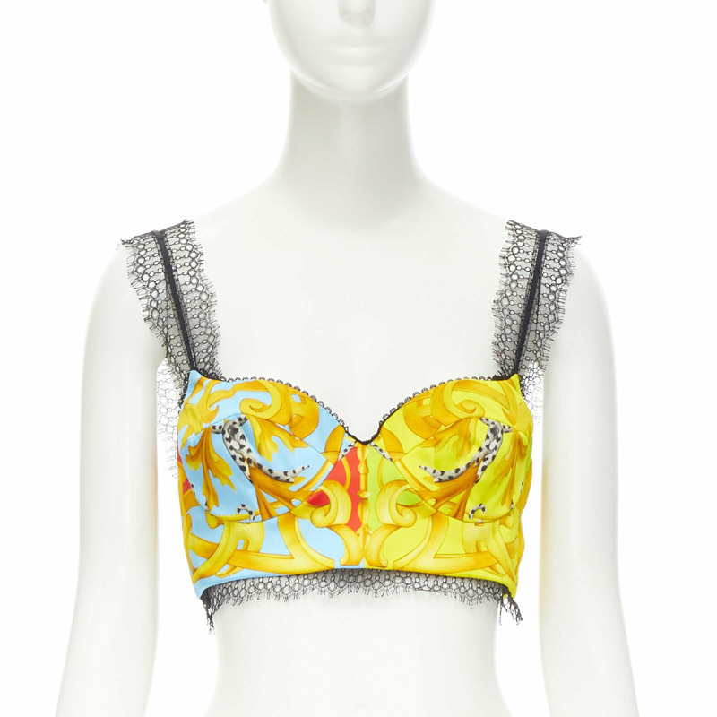 VERSACE Barocco Acanthus Pop print lace trim boned bustier bra top IT38 XS-2