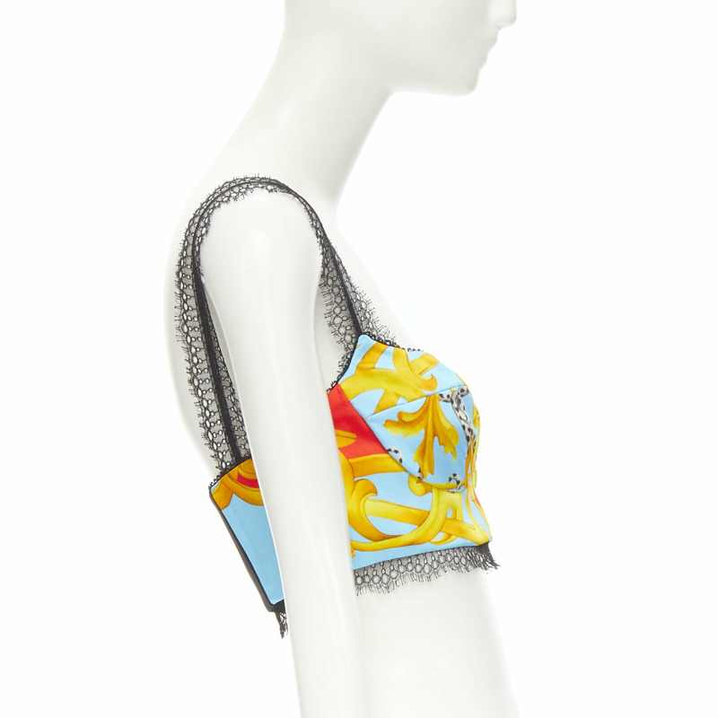 VERSACE Barocco Acanthus Pop print lace trim boned bustier bra top IT38 XS-3