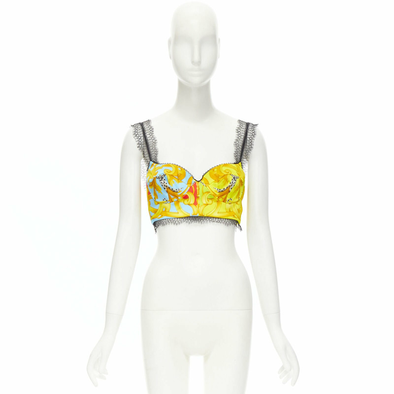 VERSACE Barocco Acanthus Pop print lace trim boned bustier bra top IT38 XS-8