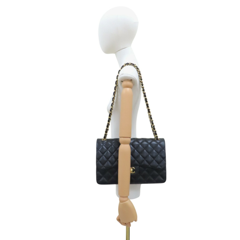 黑色 菱格紋皮革 Jumbo 30 鍊帶肩背包-10