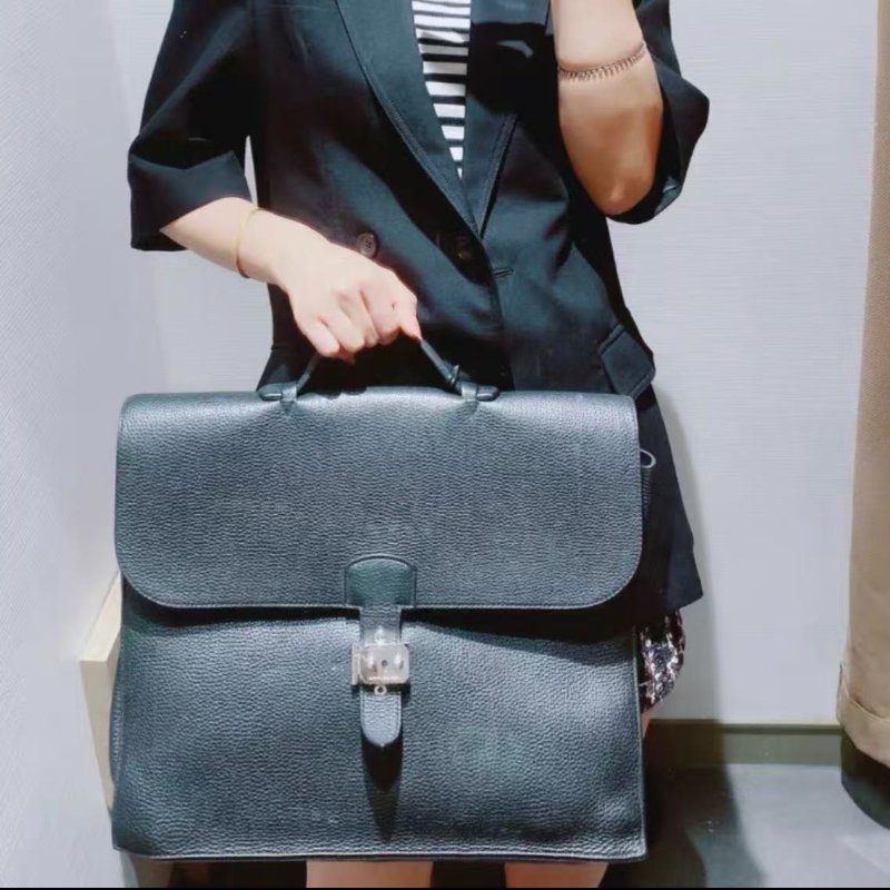 hermes sac a depeches 41男款黑銀商務手提公事包 40*31*13 98新 配件鑰匙塵袋-0