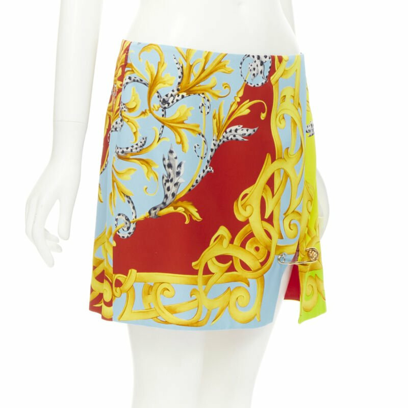 new VERSACE Pop Acantus Barocco gold Medusa safety pin slit mini skirt IT42 M-2