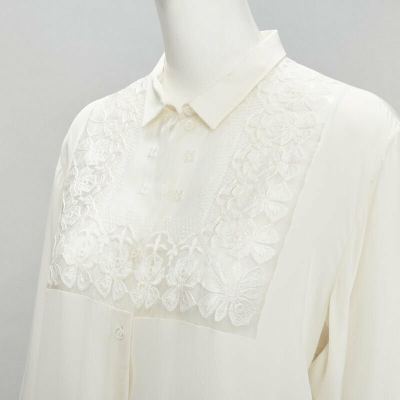 CHRISTIAN DIOR 100% silk sheer floral embroidery long sleeve shirt FR44 XL-1