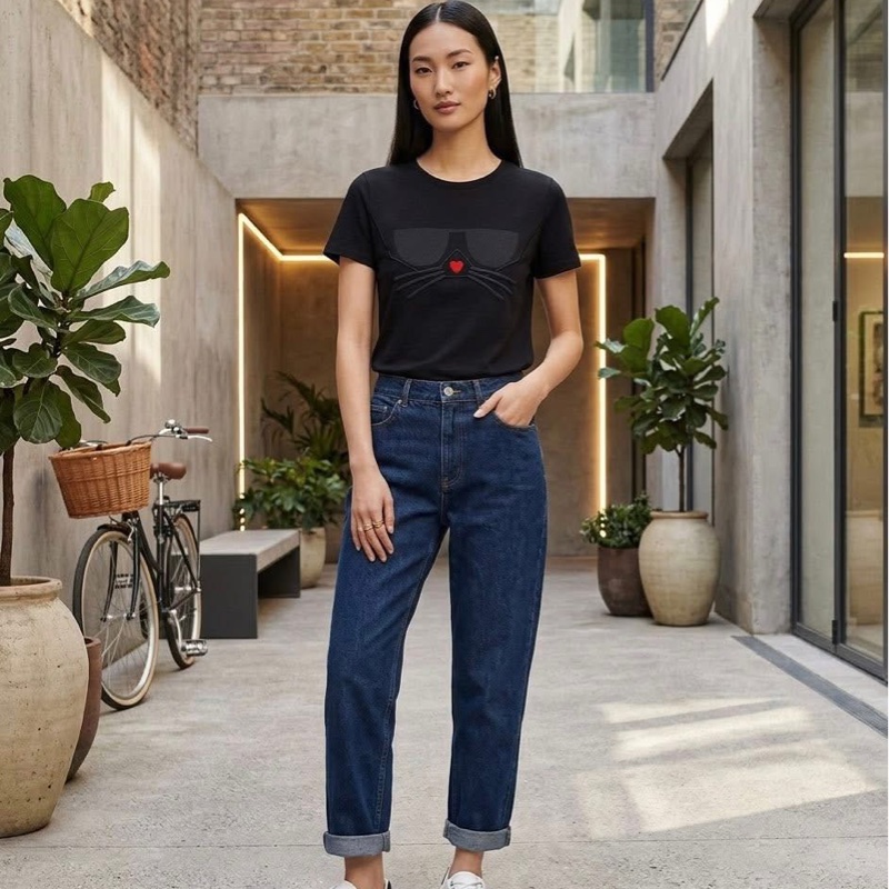 老佛爺KARL LAGERFELD 眼鏡立體鬍鬚短T 黑色-0