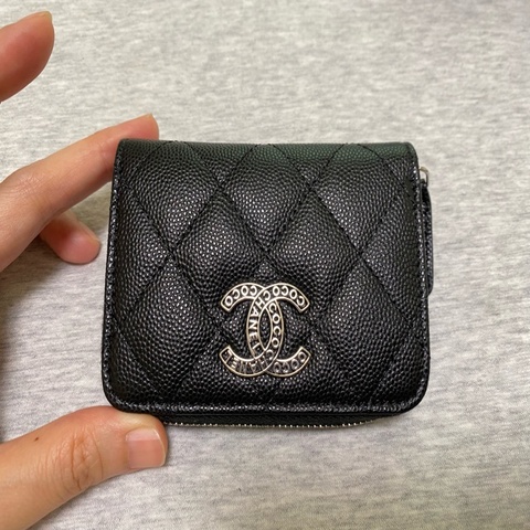 chanel黑色荔枝牛皮三層零錢包卡包