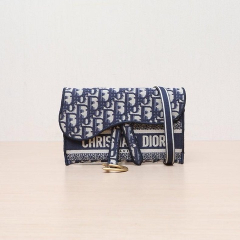 DIOR(迪奧) SADDLE 馬鞍 腰包 21 墨藍色 帆布 金扣 Oblique印花字母刺繡