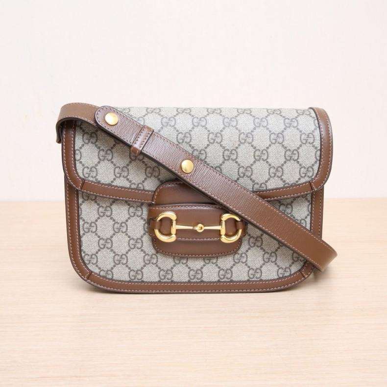 GUCCI(古馳) Horsebit 馬銜扣 1955 馬鞍包 小號 25 烏木色 帆布 金扣-0
