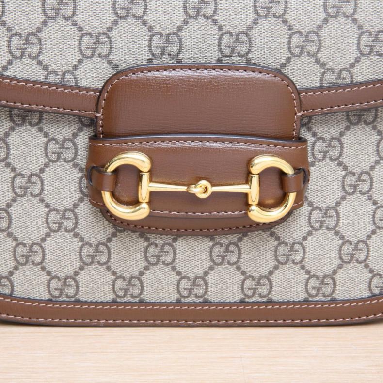 GUCCI(古馳) Horsebit 馬銜扣 1955 馬鞍包 小號 25 烏木色 帆布 金扣-5