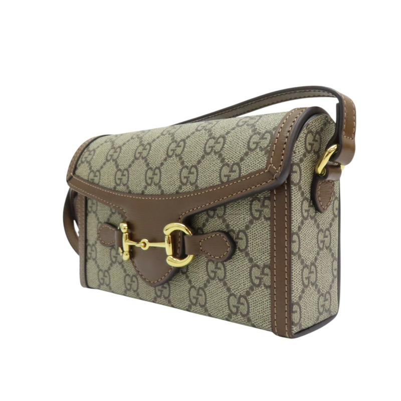 棕色 GG Supreme 帆布 牛皮 Horsebit 1955 馬銜釦 肩背包【GUCCI 古馳】 699296-2