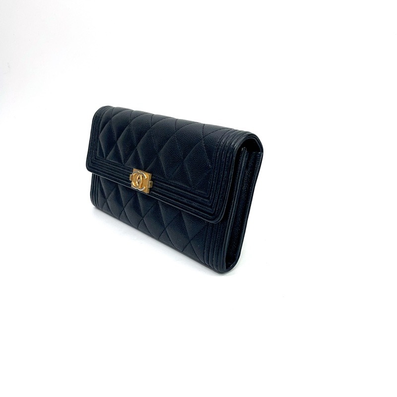 Chanel 黑荔枝牛皮金釦下蓋12卡Boy長夾 A80286-3