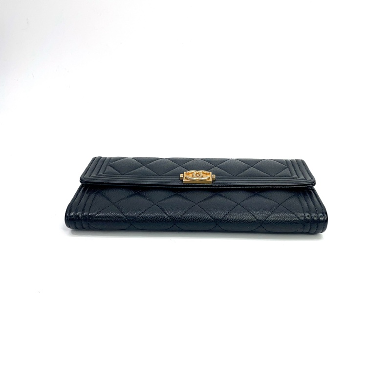Chanel 黑荔枝牛皮金釦下蓋12卡Boy長夾 A80286-4