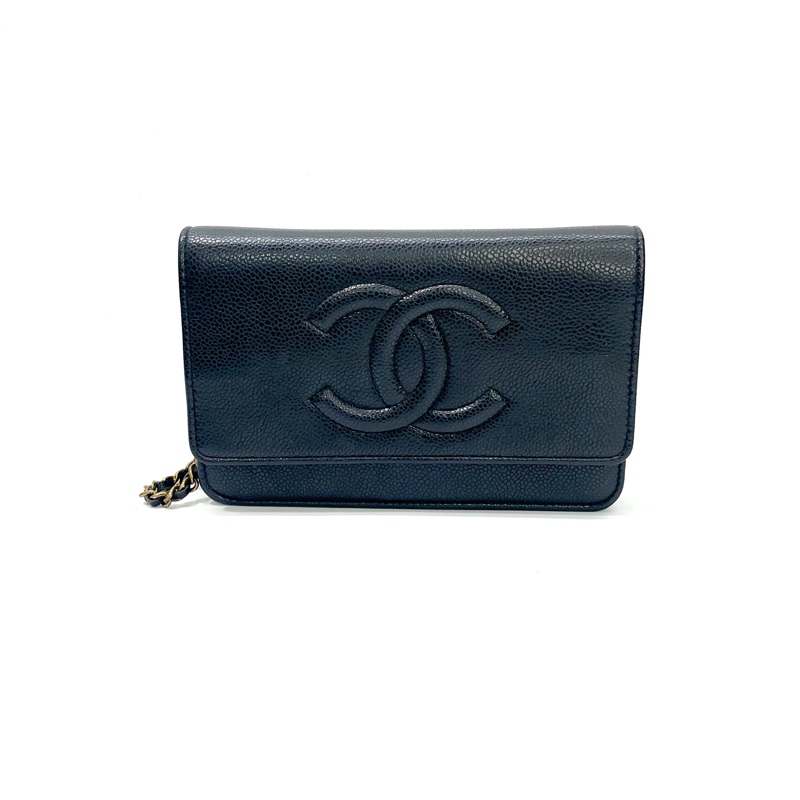 Chanel 黑荔枝皮大Logo金釦6卡斜背Woc-0