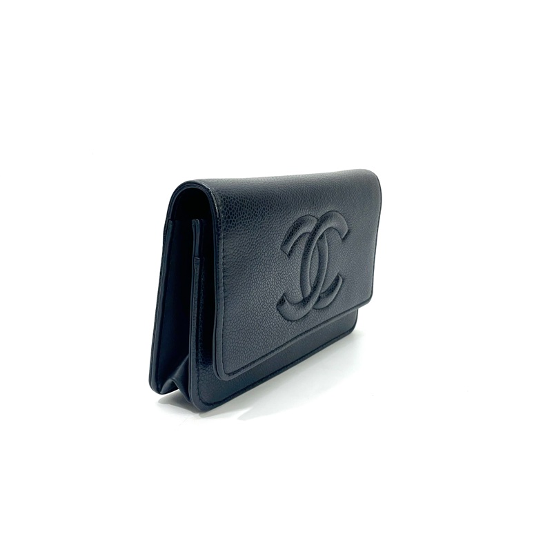 Chanel 黑荔枝皮大Logo金釦6卡斜背Woc-2